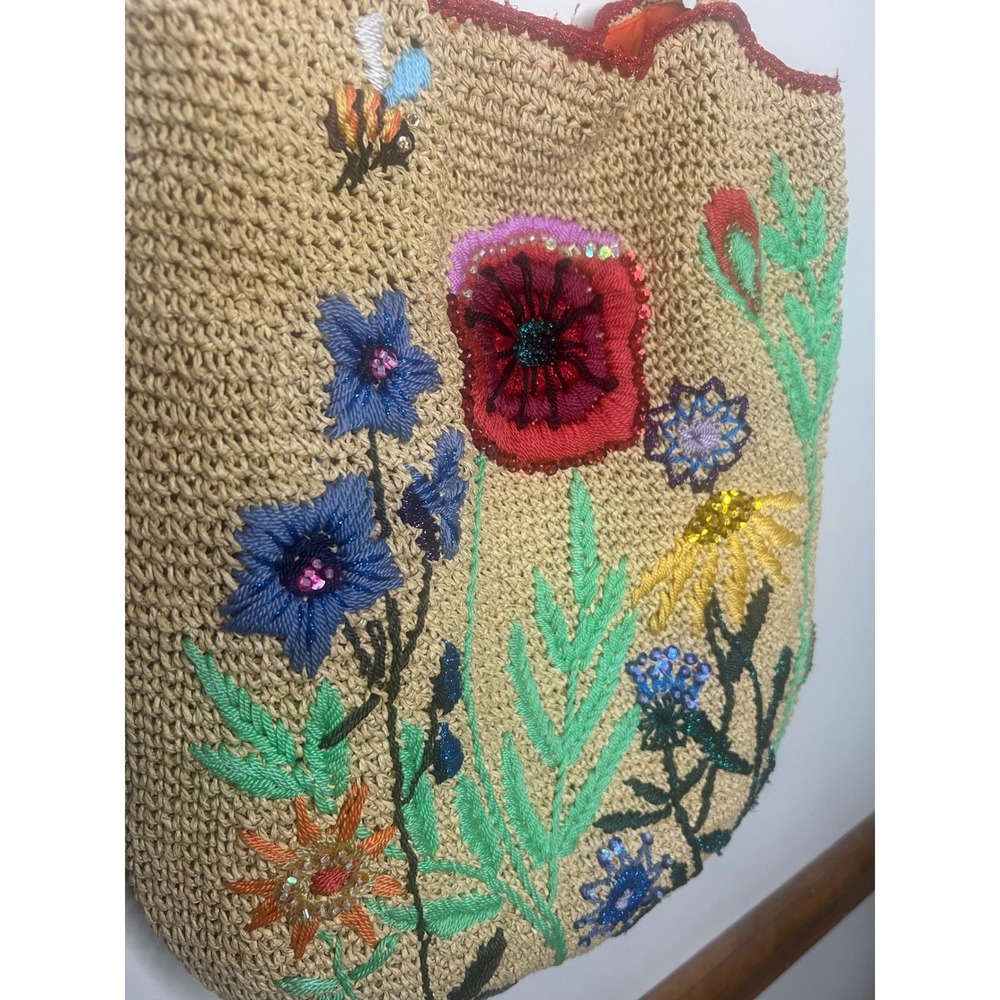 Petro Zillia Vintage Floral Embroidered Straw beaded Tote Bag Womens - Picture 4 of 14